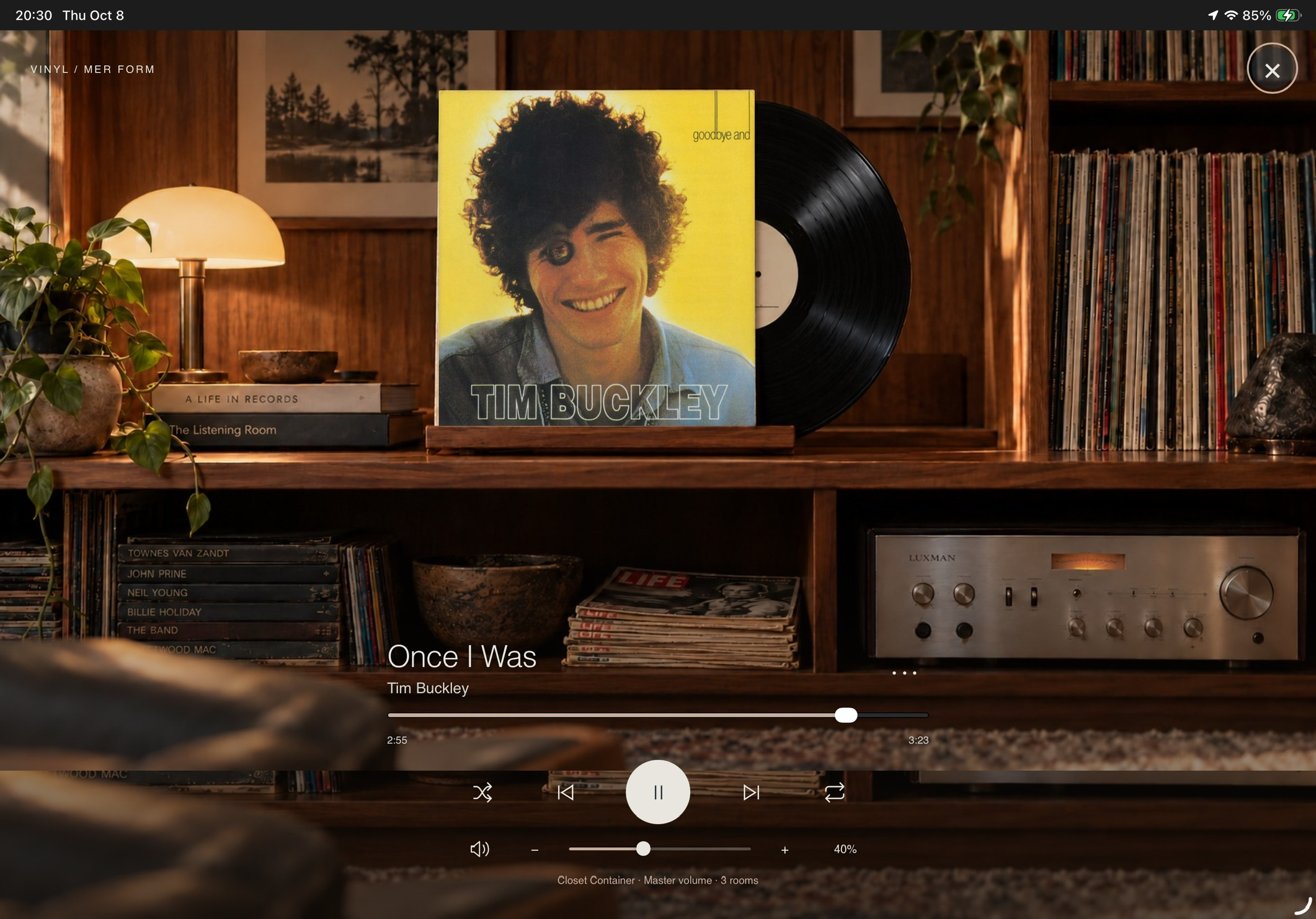 The original full-screen Vinyl Mode: Tim Buckley album artwork, a vinyl record and playback controls in a warm listening room.