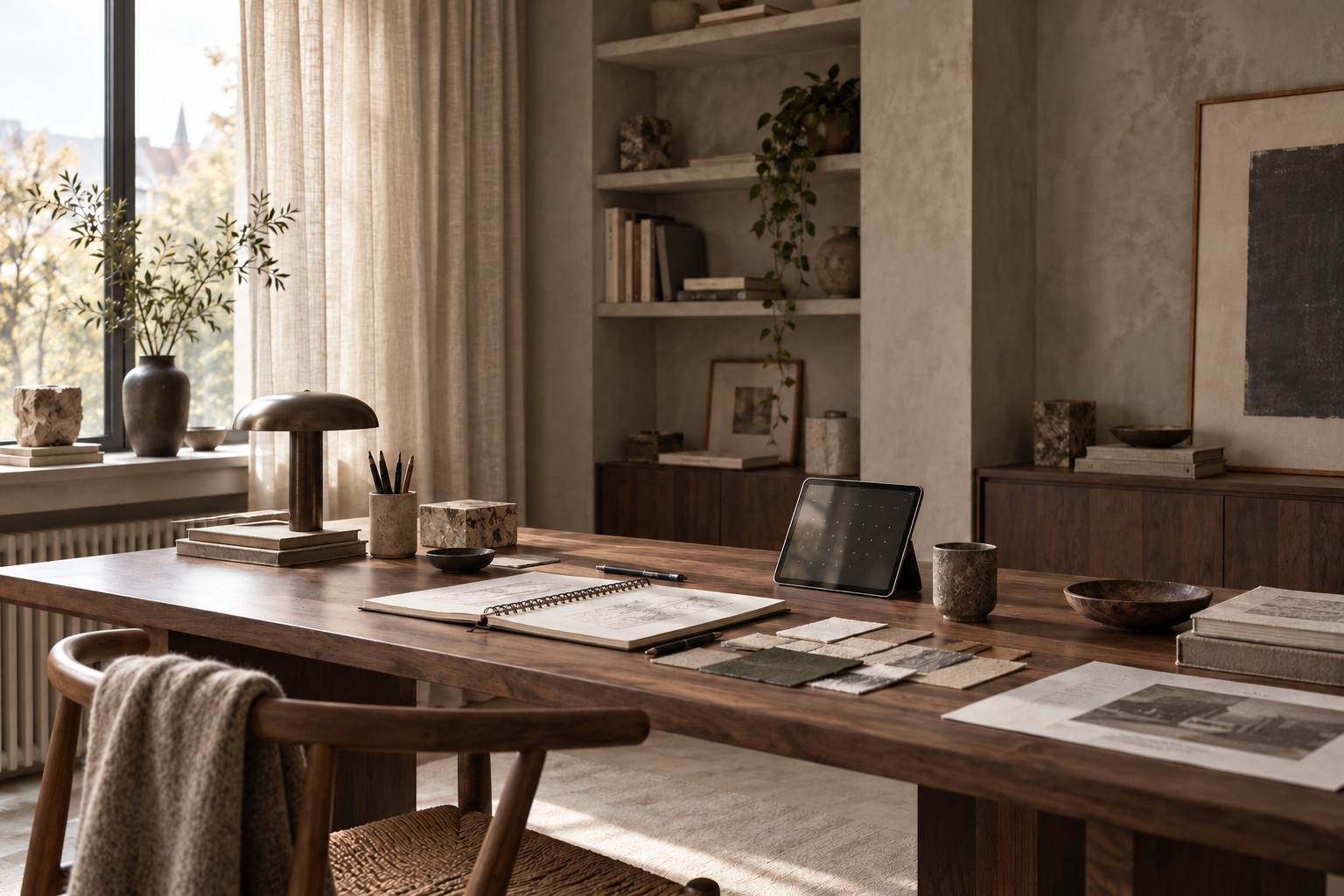 A calm home design studio with sketches, material swatches and a small tablet.