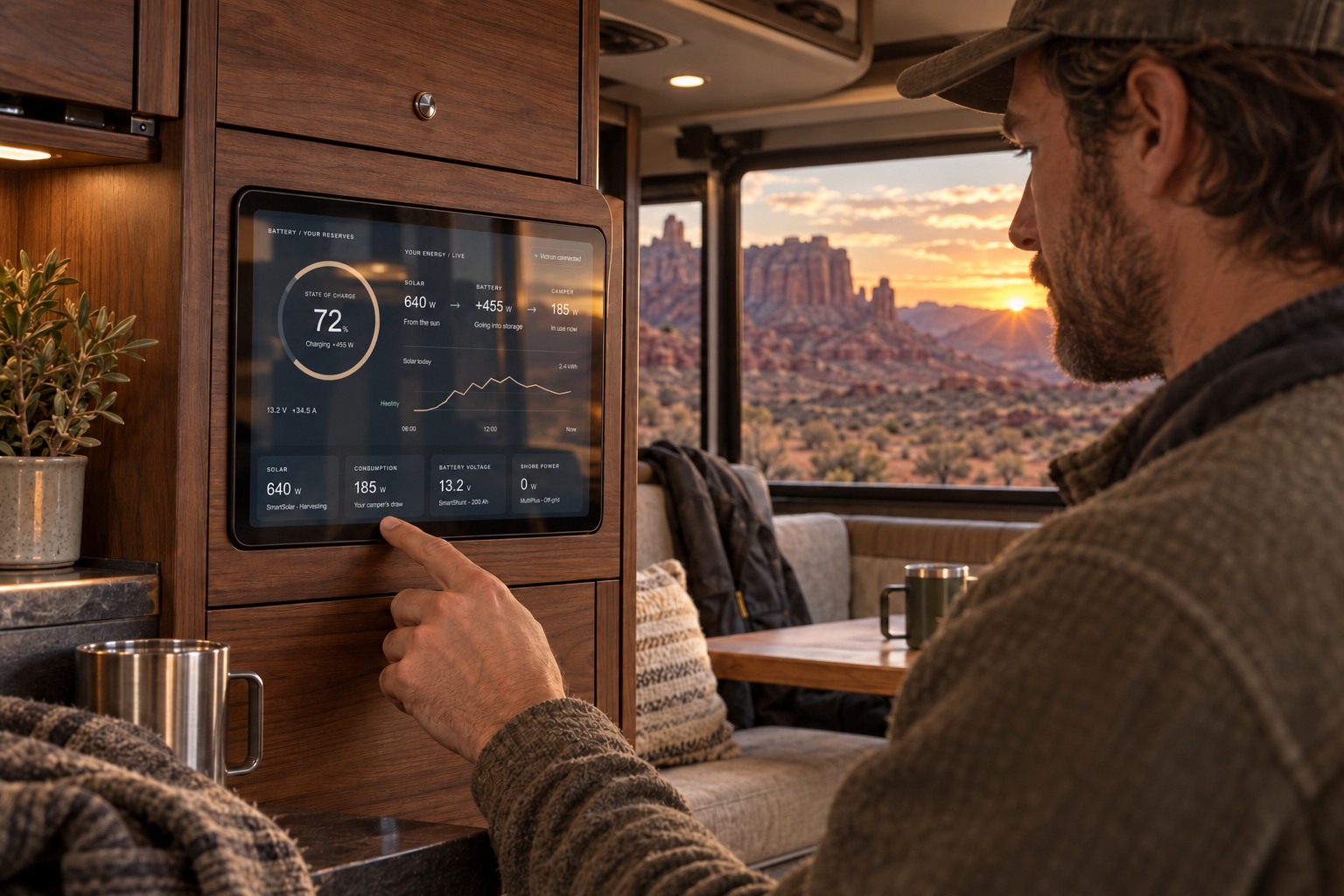 A traveller using a small wall-mounted iPad to view battery and solar power inside a walnut expedition camper overlooking the desert.