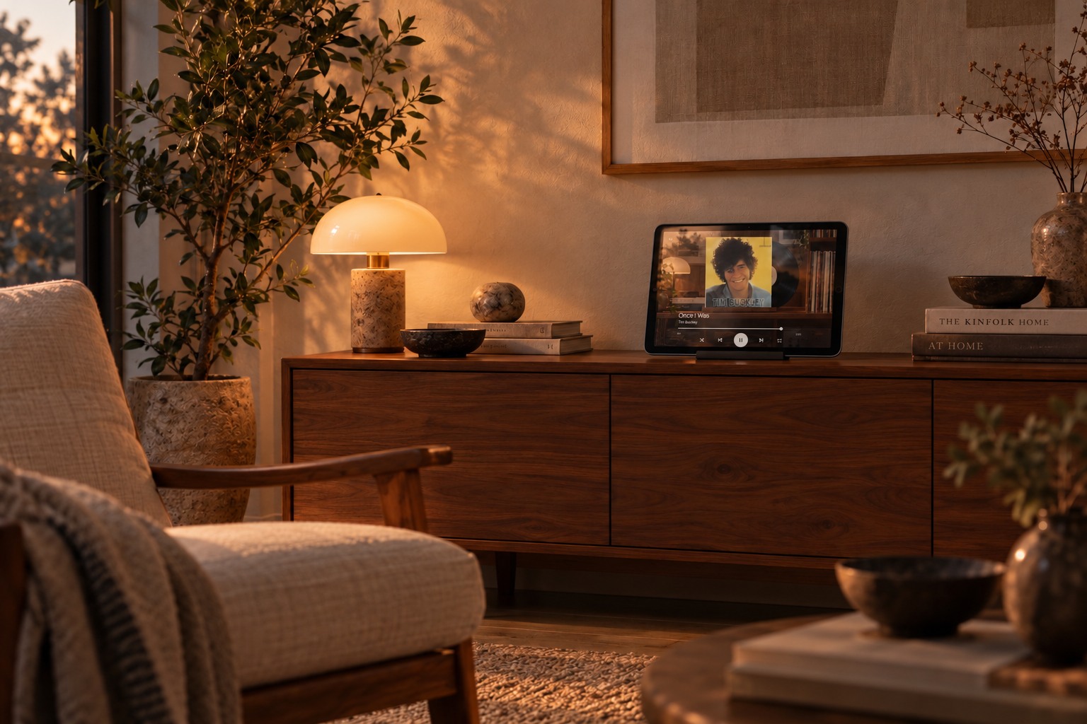 A small iPad mini showing Vinyl Mode on a walnut sideboard in a softly lit room.